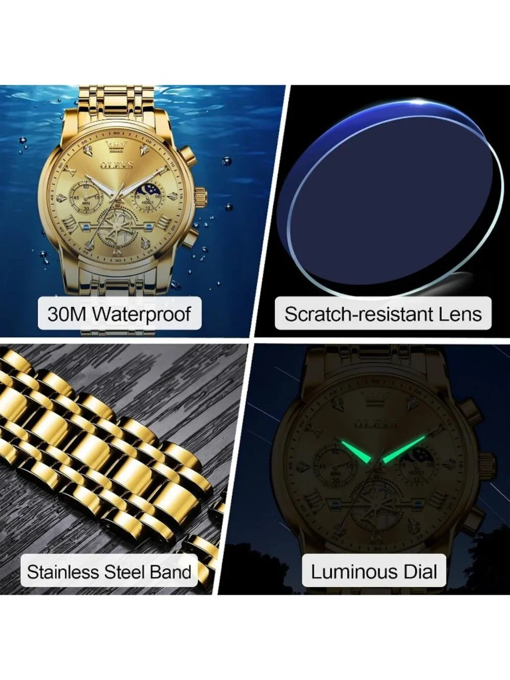 Men's Gold Stainless Steel Chronograph Waterproof Quartz Elegant Dress Watch